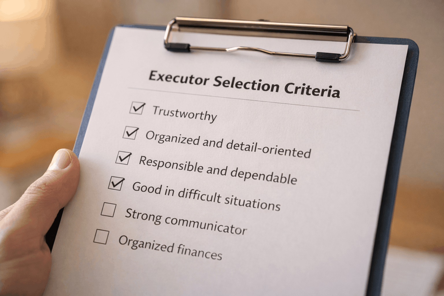 Checklist of executor selection criteria on a clipboard