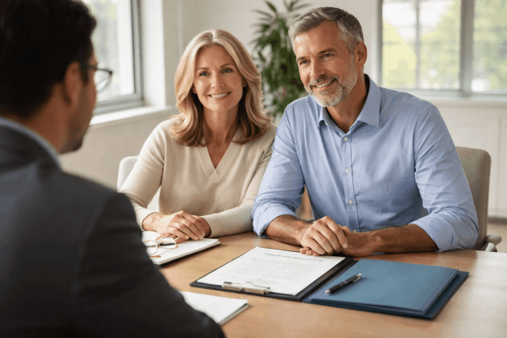 A couple reviews estate planning documents with a financial advisor at a bright conference table