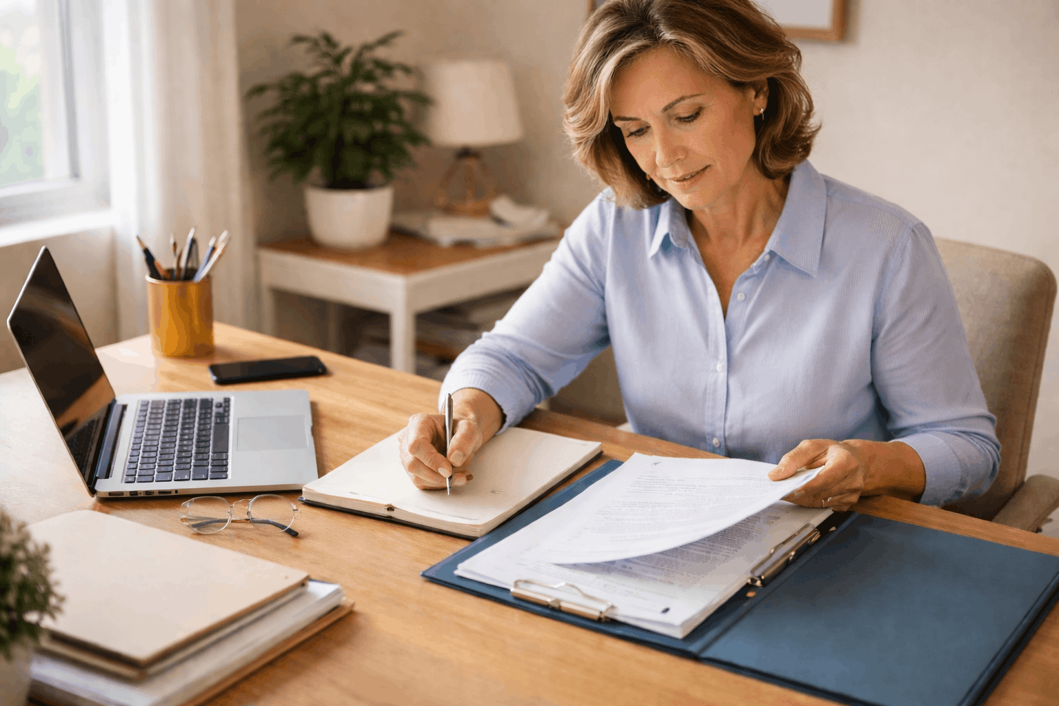 Executor organizing estate paperwork and documents at a home desk
