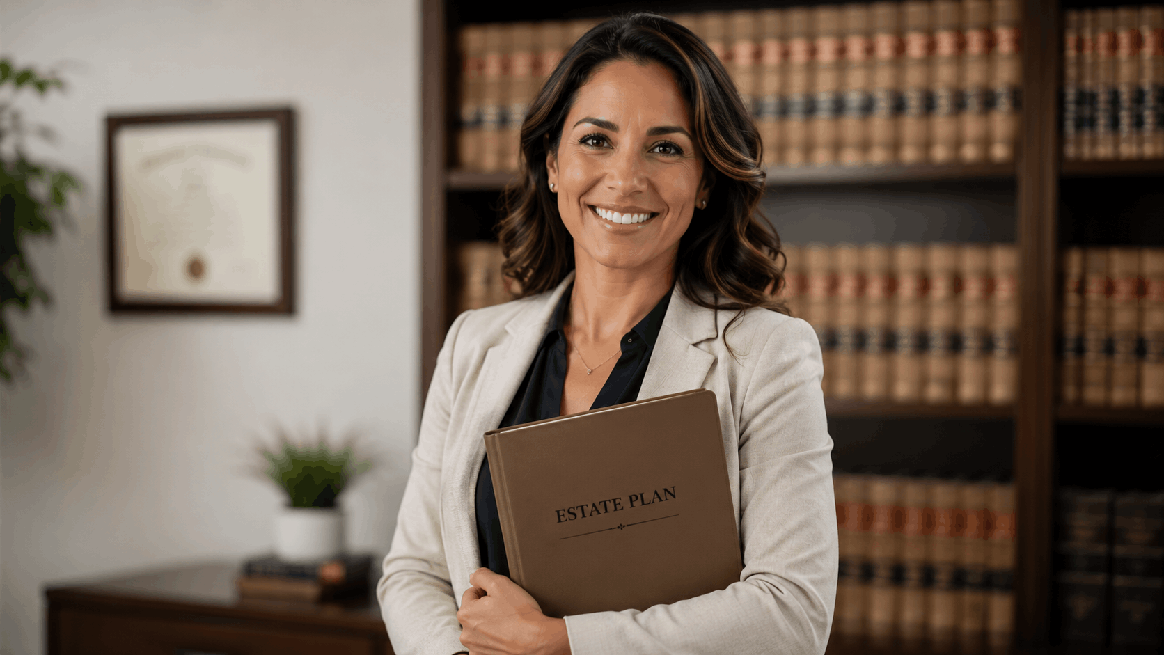 Estate planning attorney holding estate plan documents in law office