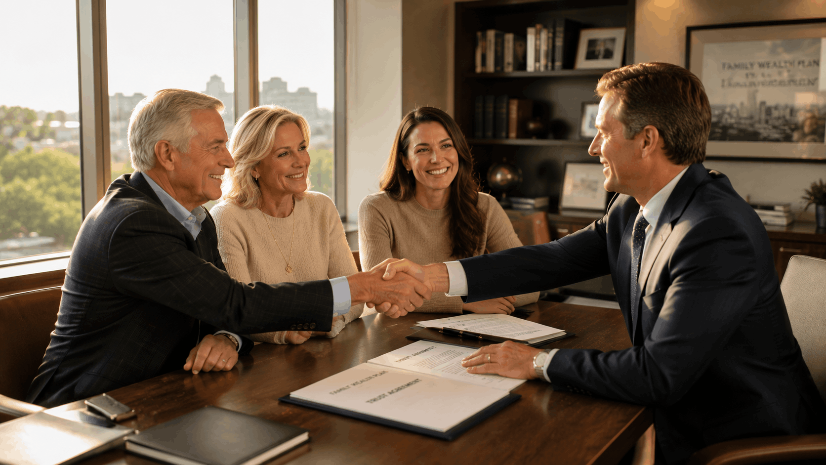 High-net-worth family finalizing estate plan with wealth advisor in a Minneapolis advisory office