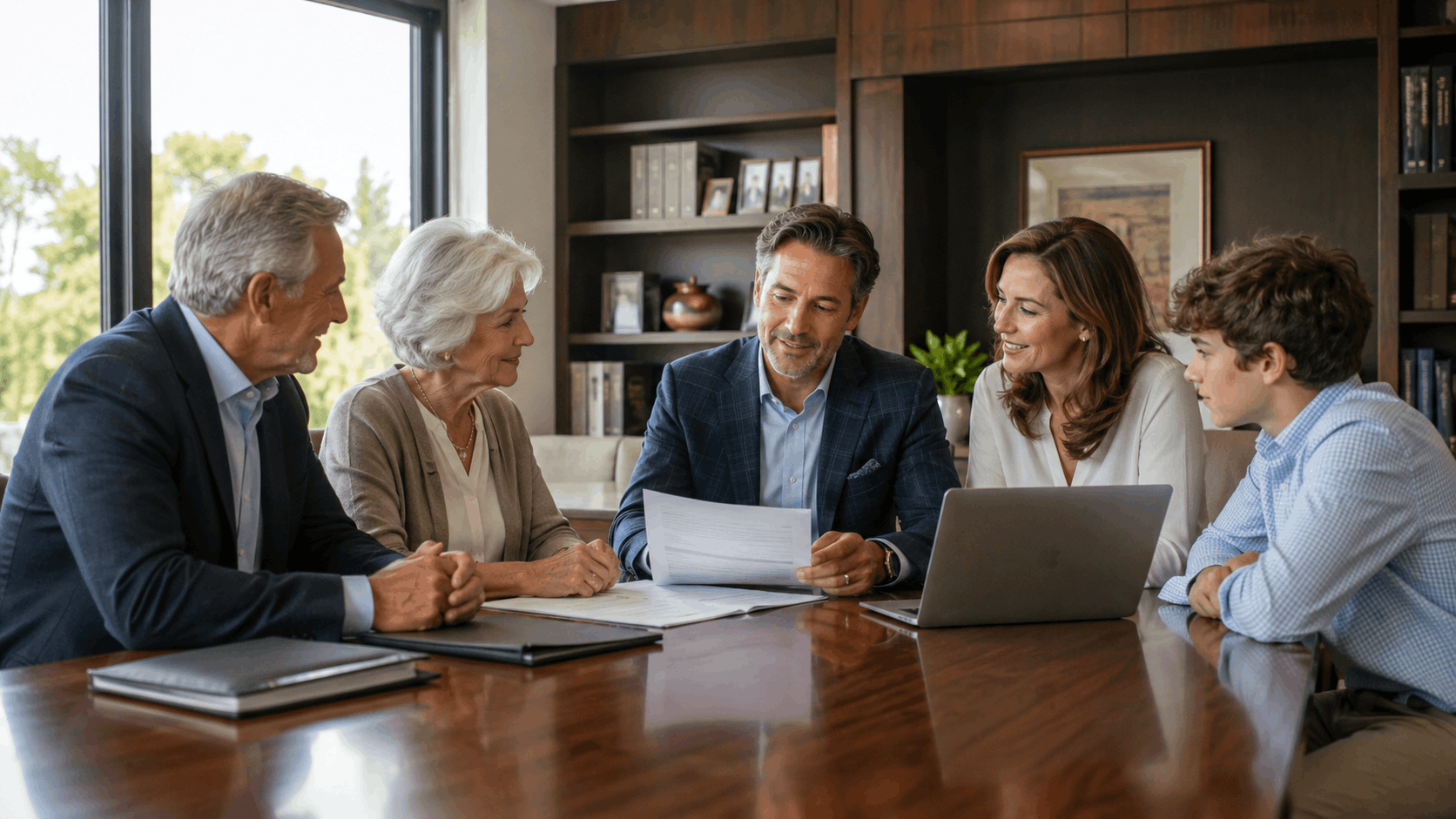 High-net-worth family reviewing estate planning documents in a private office, 2026