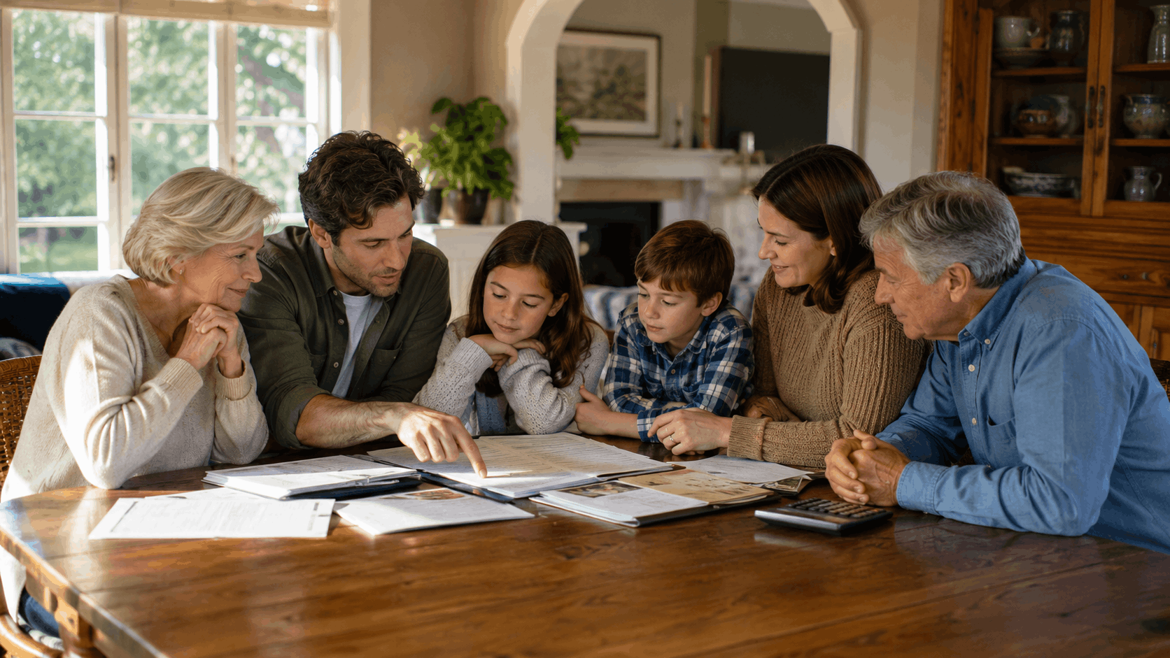 Three generations of family discussing estate planning and wealth transfer