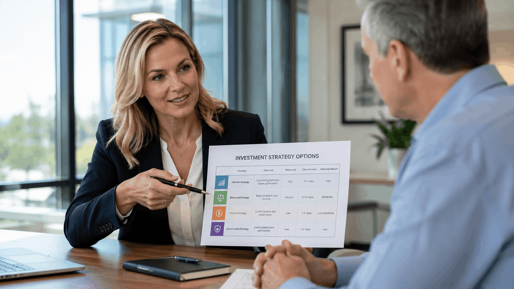 Financial planner presenting tax reduction strategy chart to client in modern office setting