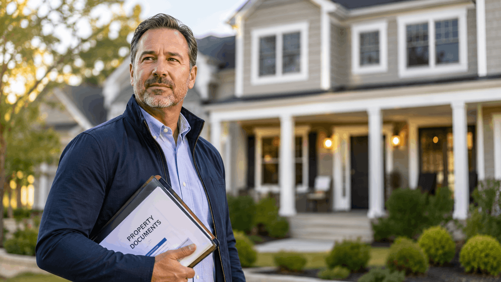 Real estate investor reviewing rental property documents and tax forms on laptop outside property