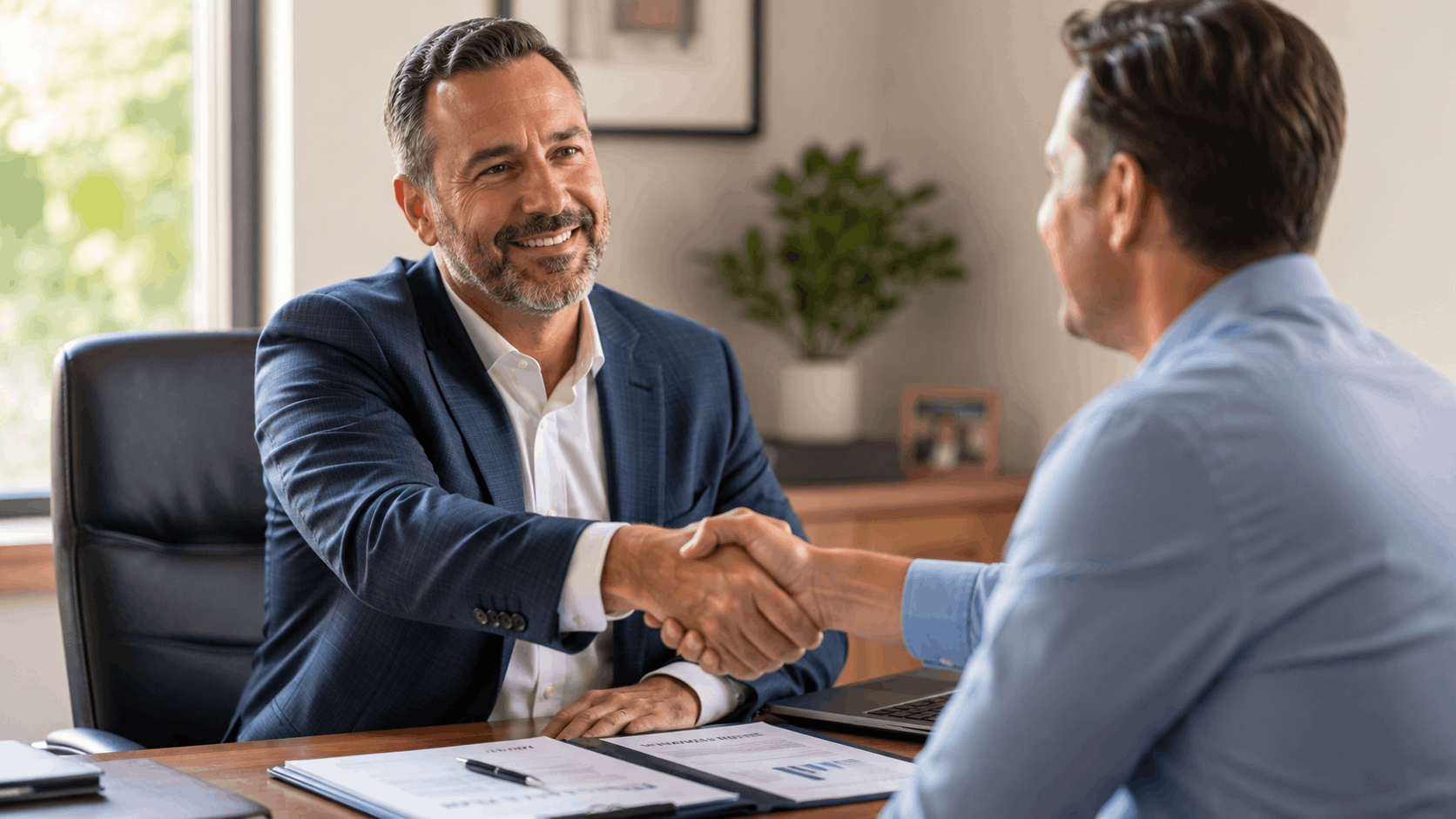 Financial advisor shaking hands with client in professional office after tax planning consultation