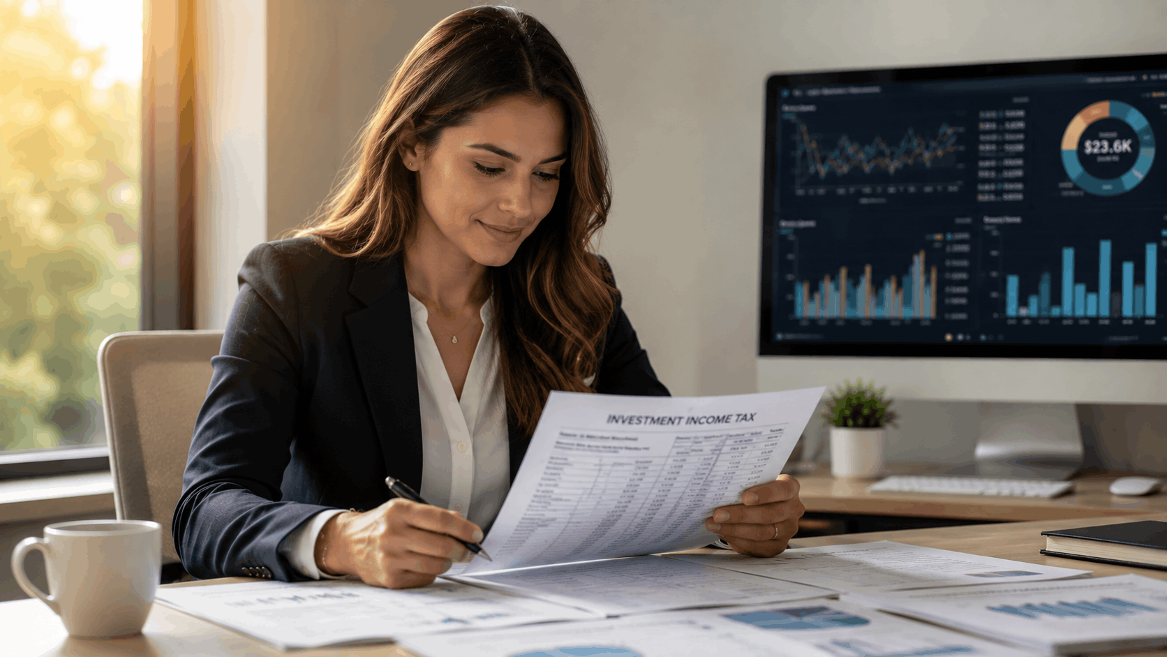 A financial advisor reviewing investment tax documents with charts and IRS forms on desk, 2026 tax planning