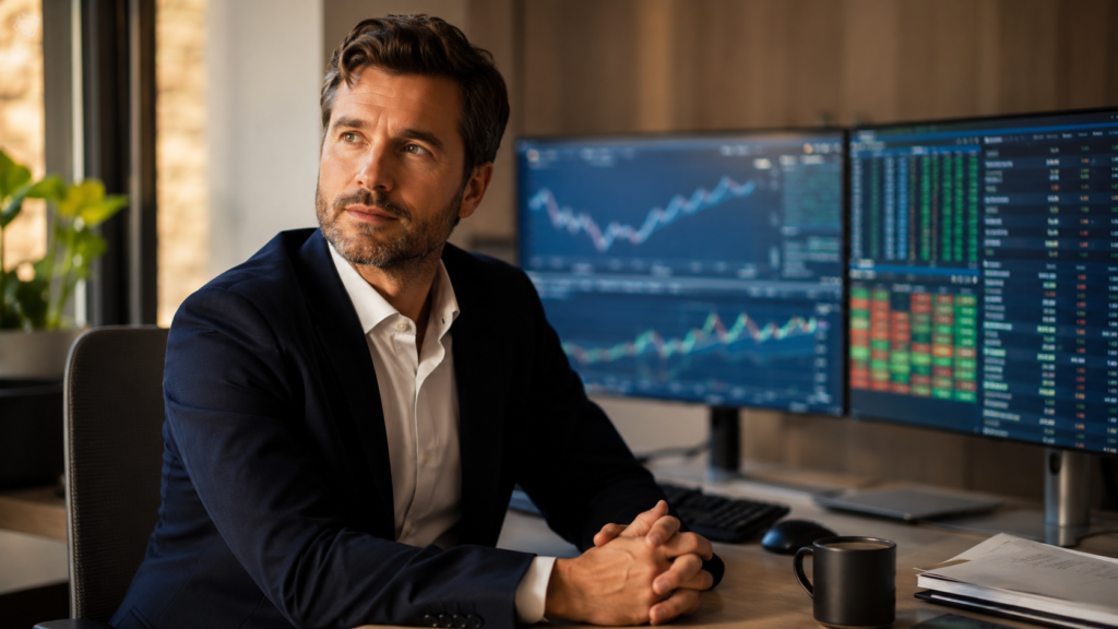 Financial advisor reviewing market data on multiple screens in modern office