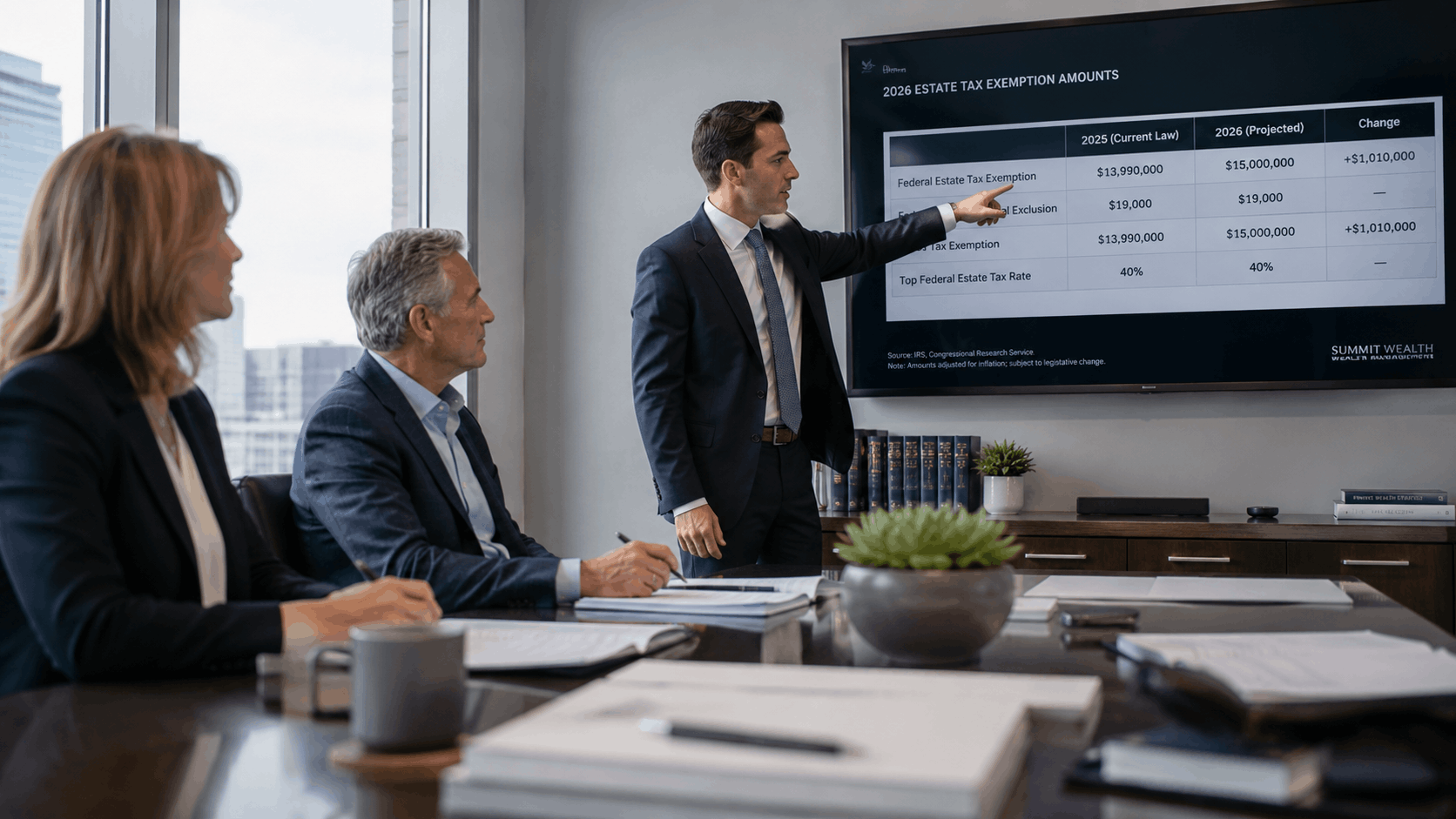 Financial advisor discussing 2026 estate tax exemption changes in a wealth management office