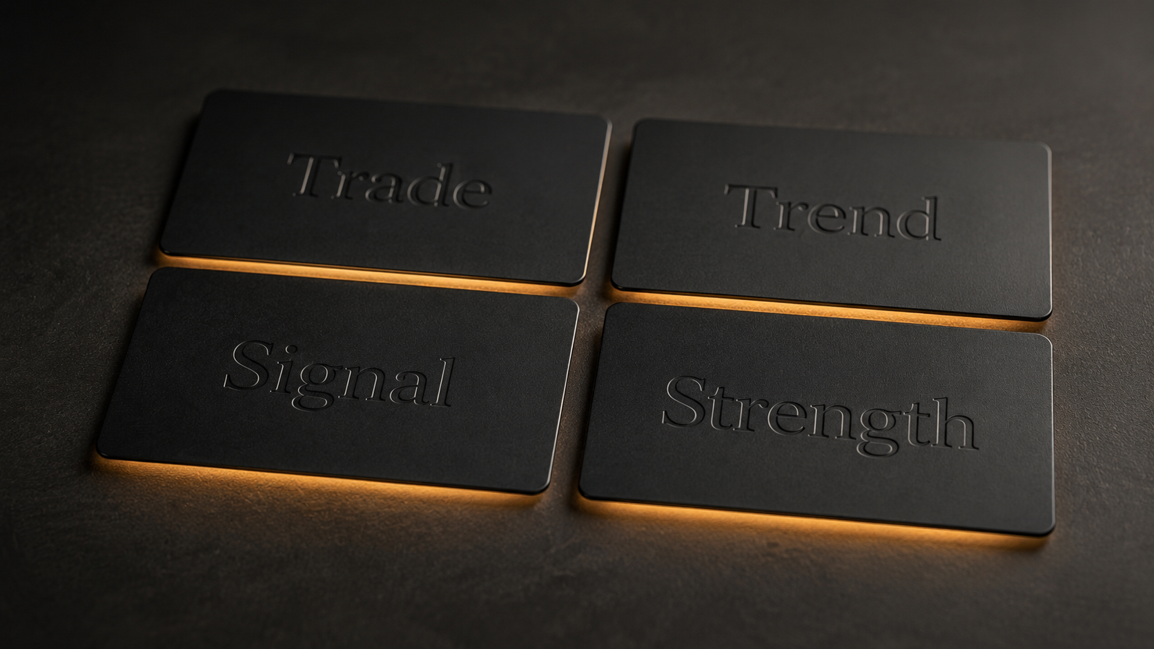 Four illuminated panels showing Trade Trend Signal Strength investment scoring pillars