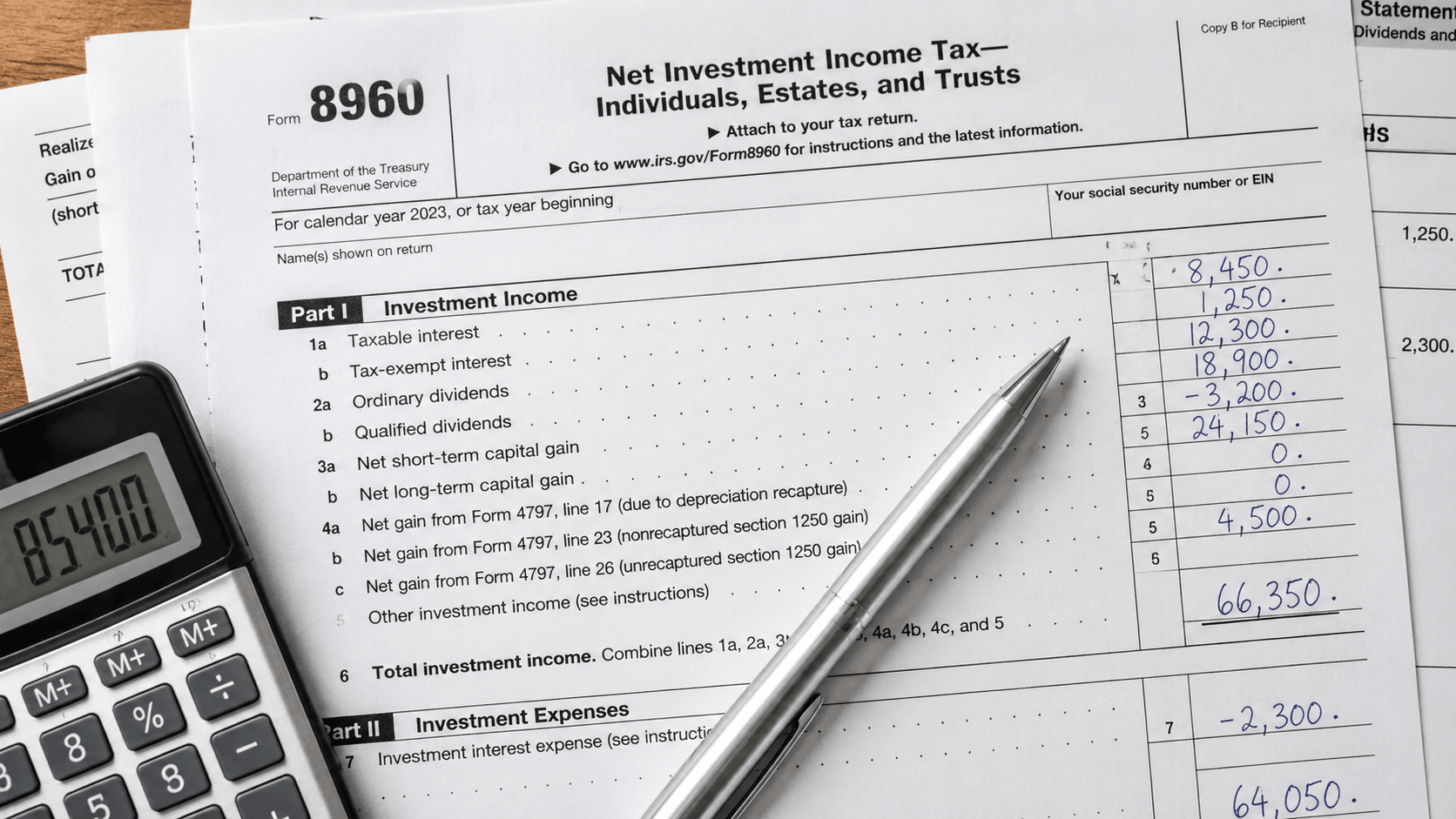 Close-up of IRS Form 8960 with pen and calculator showing 3.8 percent NIIT calculation