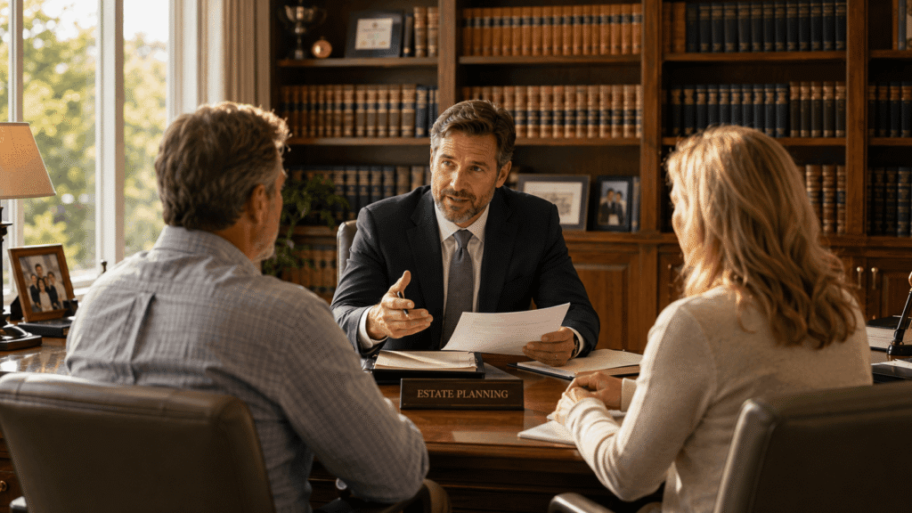 Couple meeting with estate planning attorney in law office 2026