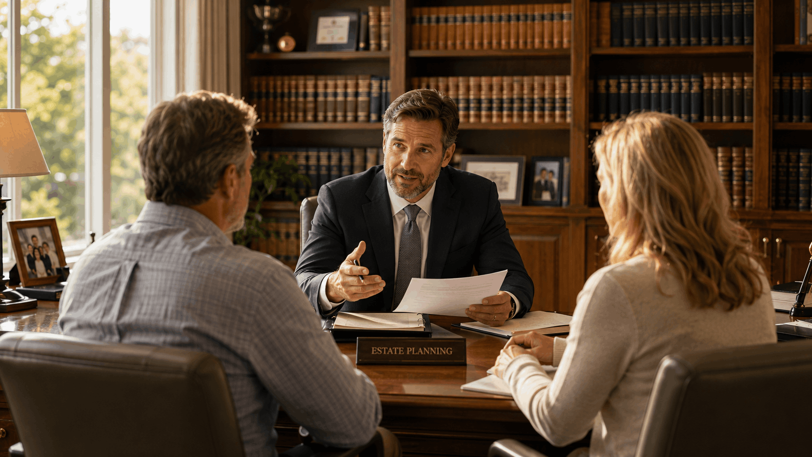 Couple meeting with estate planning attorney in law office 2026