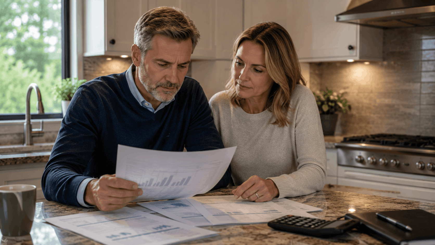 High-income couple reviewing investment account statements and income thresholds at home