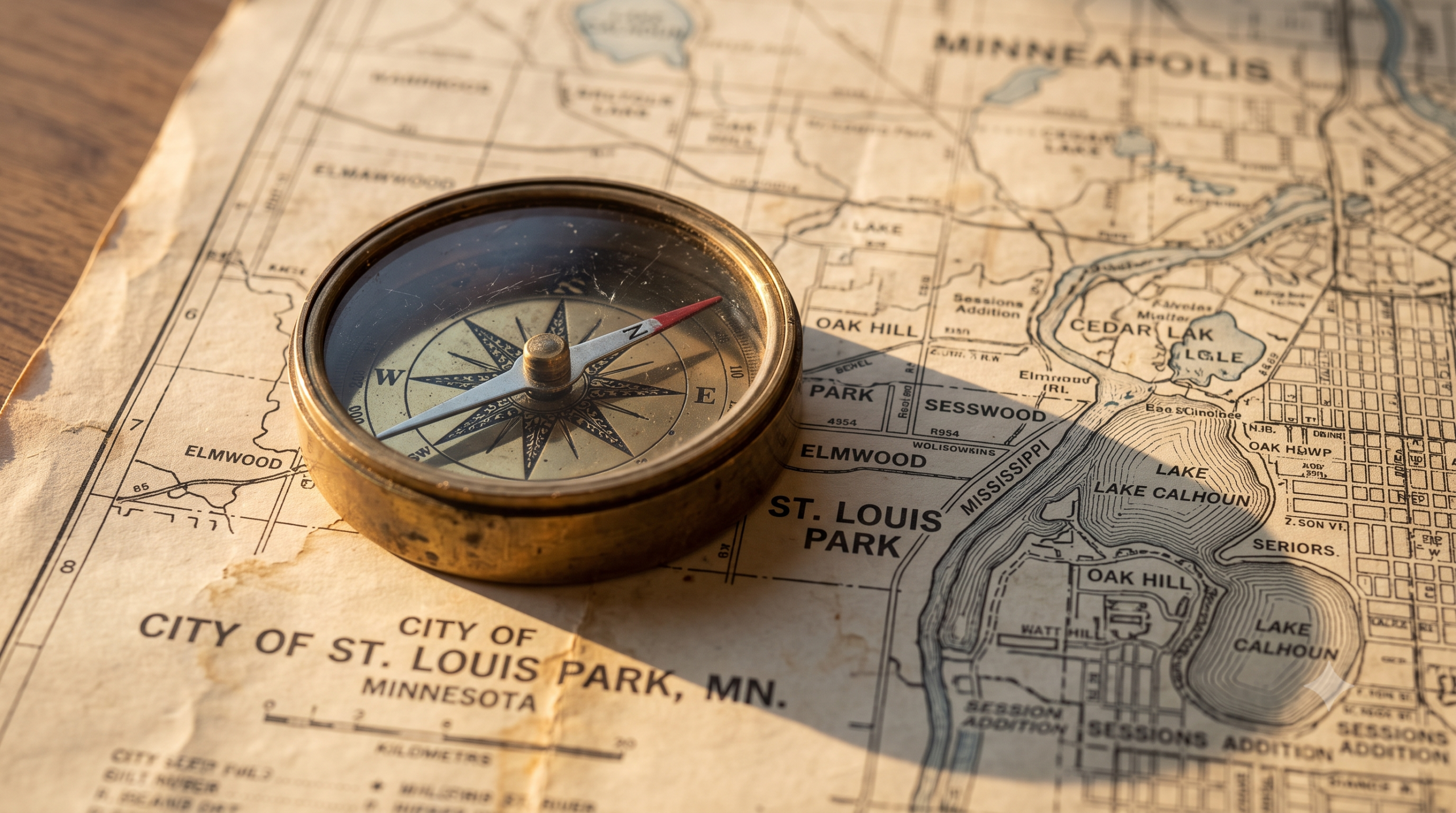 Vintage brass compass resting on a map of St. Louis Park, Minnesota