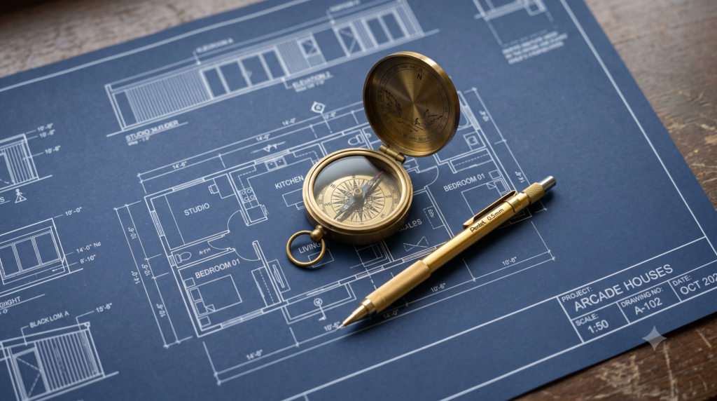 Architectural blueprint with a brass compass and gold pencil symbolizing a well-built financial plan