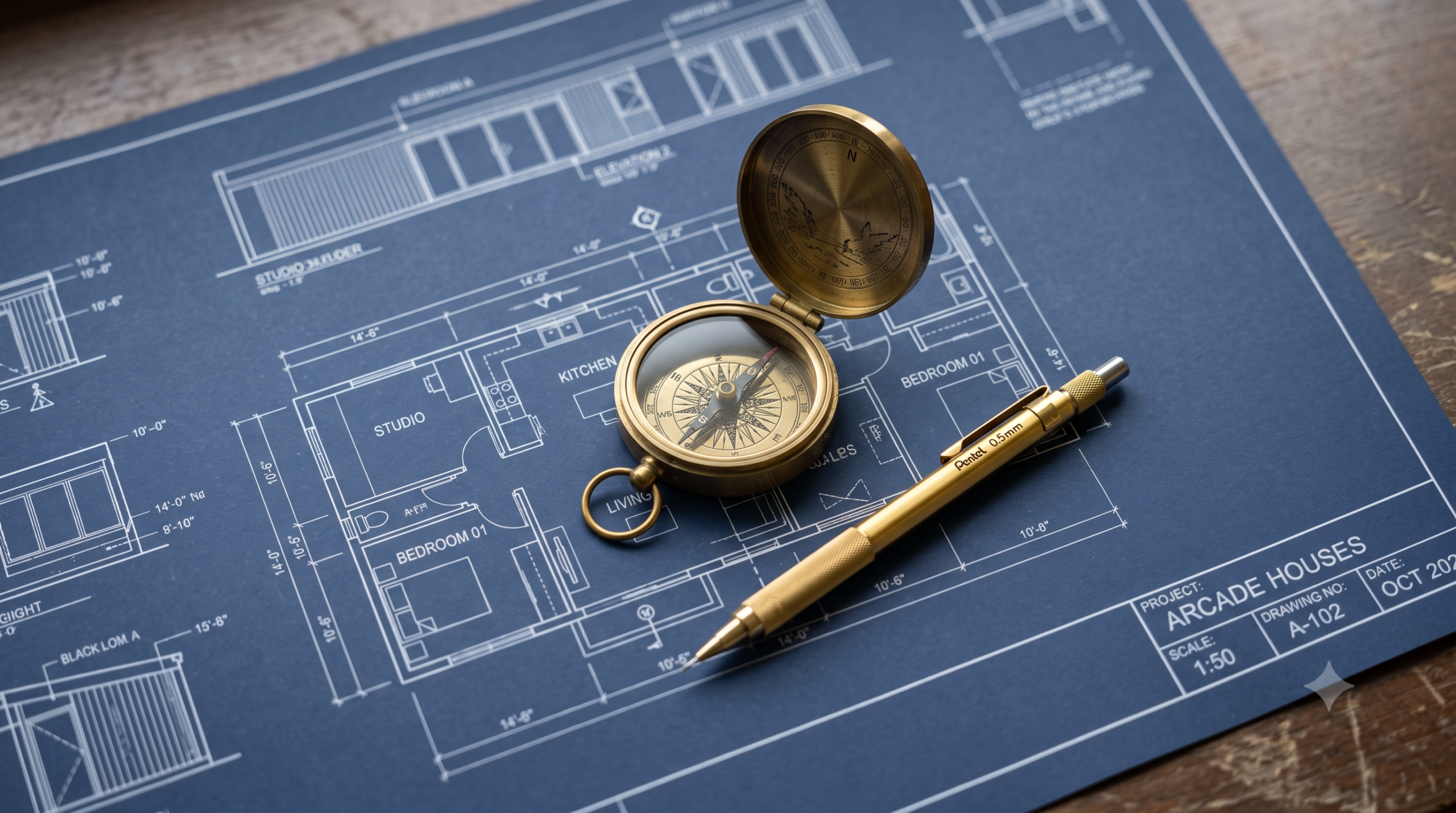Architectural blueprint with a brass compass and gold pencil symbolizing a well-built financial plan