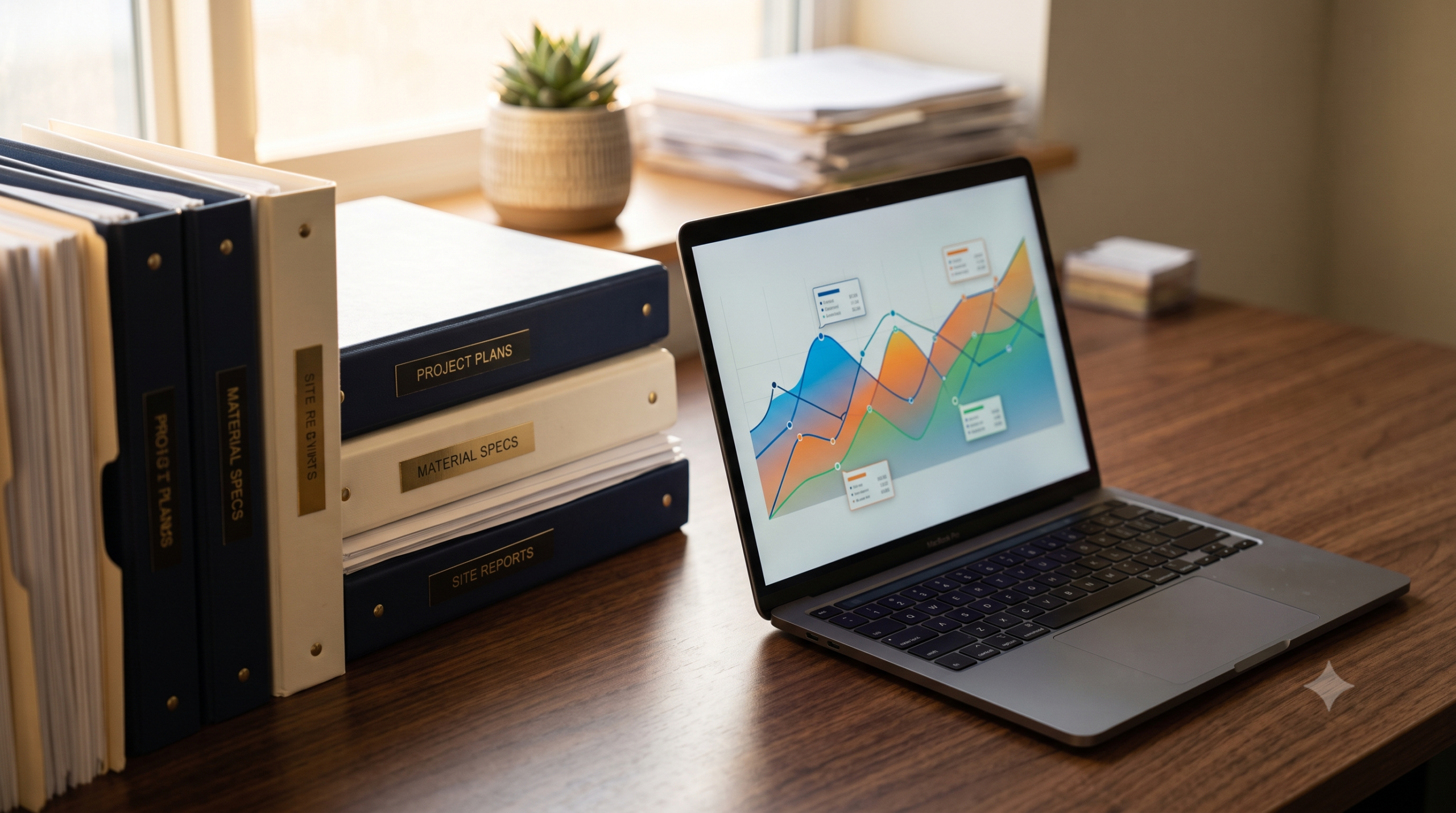 Organized desk with binders and a laptop showing charts, representing coordinated financial expertise