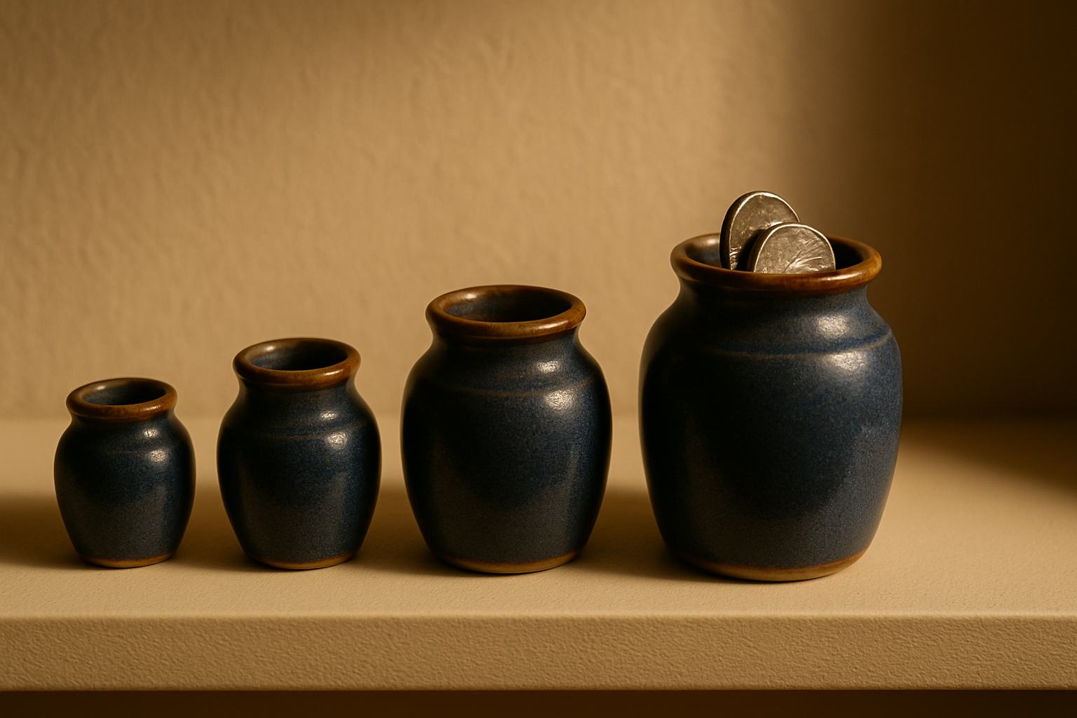 Graduated ceramic jars on a cream shelf representing cash held at different yields