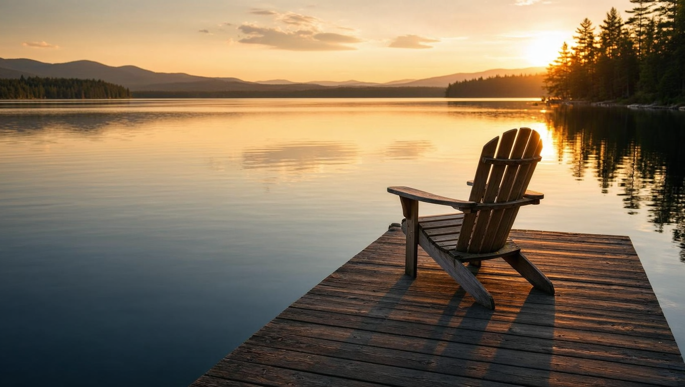 Empty Adirondack chair on a calm lakeside dock at golden hour
