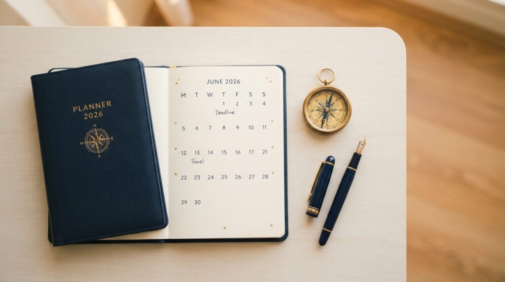 Open June planner, brass compass and pen on a cream desk for a midyear financial checkup