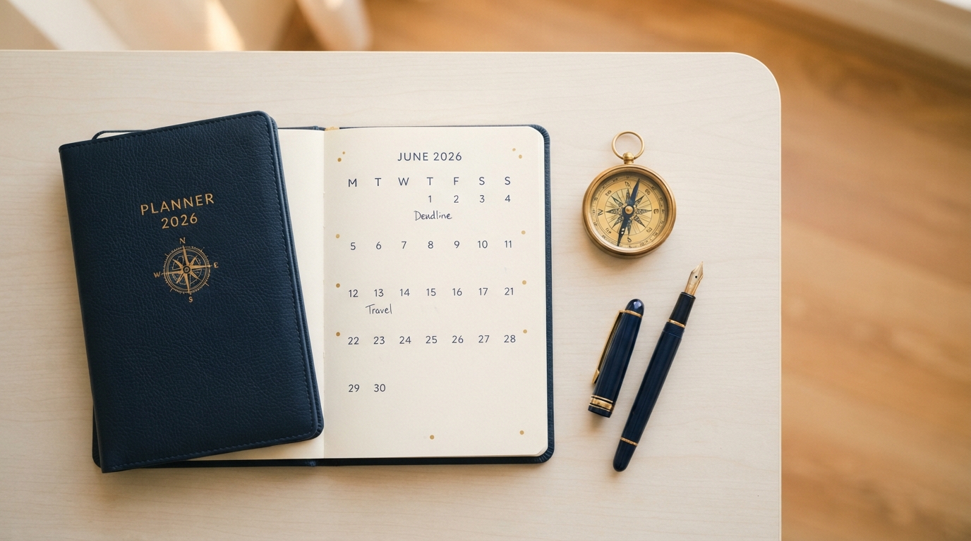 Open June planner, brass compass and pen on a cream desk for a midyear financial checkup