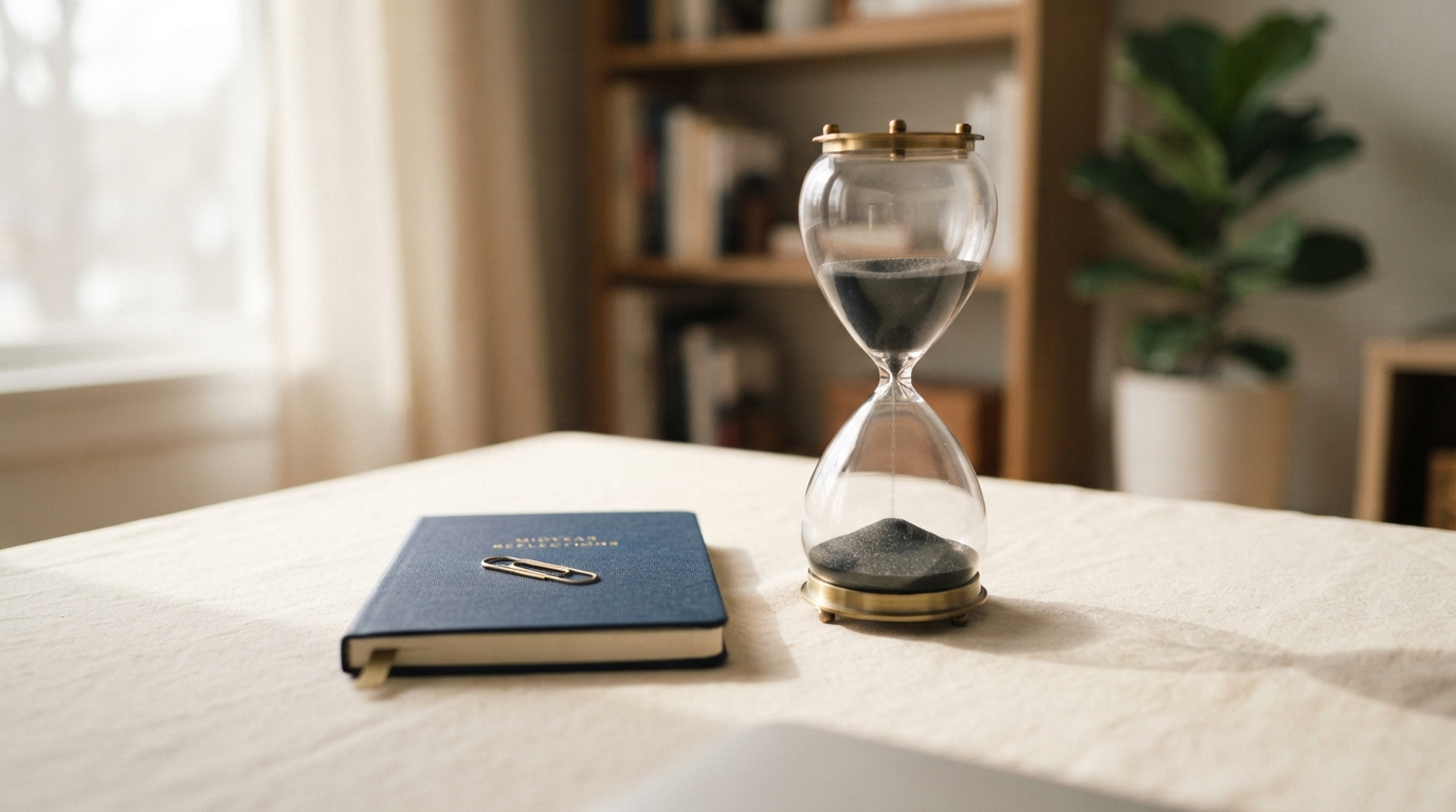 Half-run hourglass beside a navy notebook symbolizing a midyear financial review
