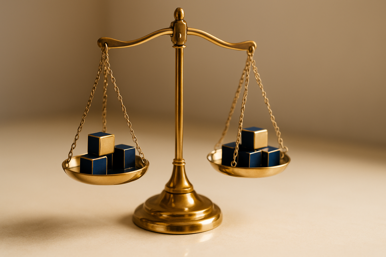 Brass balance scale with navy and gold cubes representing portfolio rebalancing