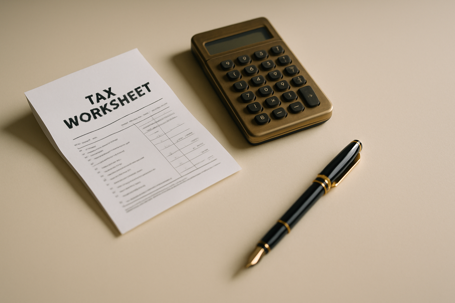 Brass calculator and tax worksheet on a cream desk for midyear tax planning