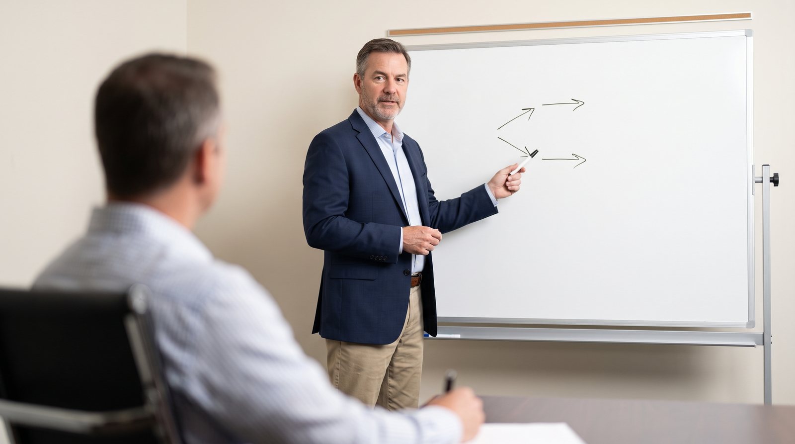 Financial advisor presenting annuity and LTC strategy comparison on a clean whiteboard