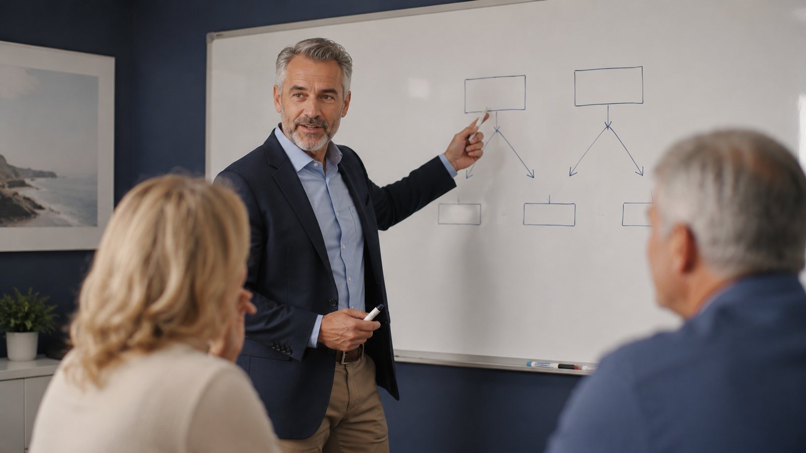 Financial advisor presenting annuity and LTC strategy comparison on a clean whiteboard