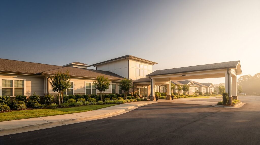 Assisted living community exterior with well-kept grounds, representing long-term care cost context