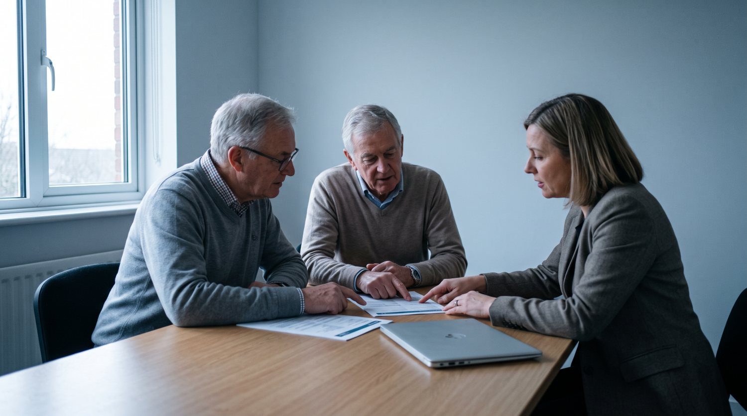 Two clients and an advisor reviewing printed documents together at a meeting-room table
