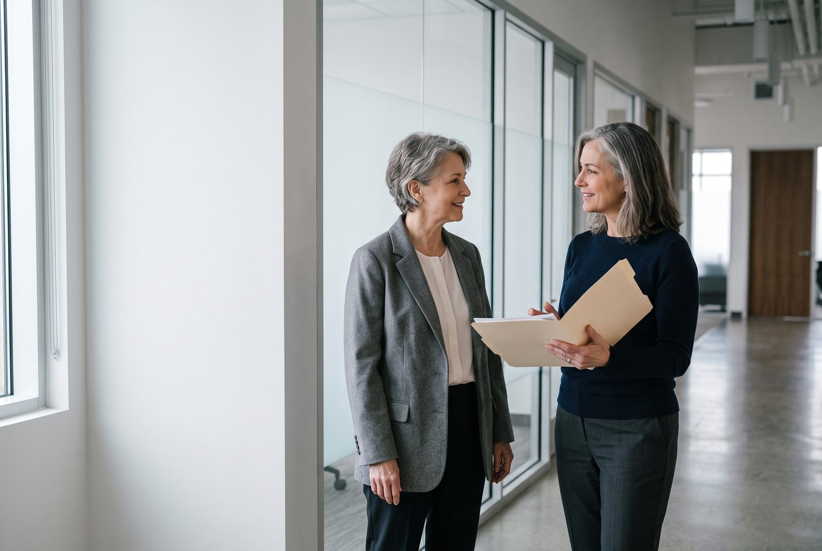 Two women talking in a bright office hallway, one holding an open folder of documents