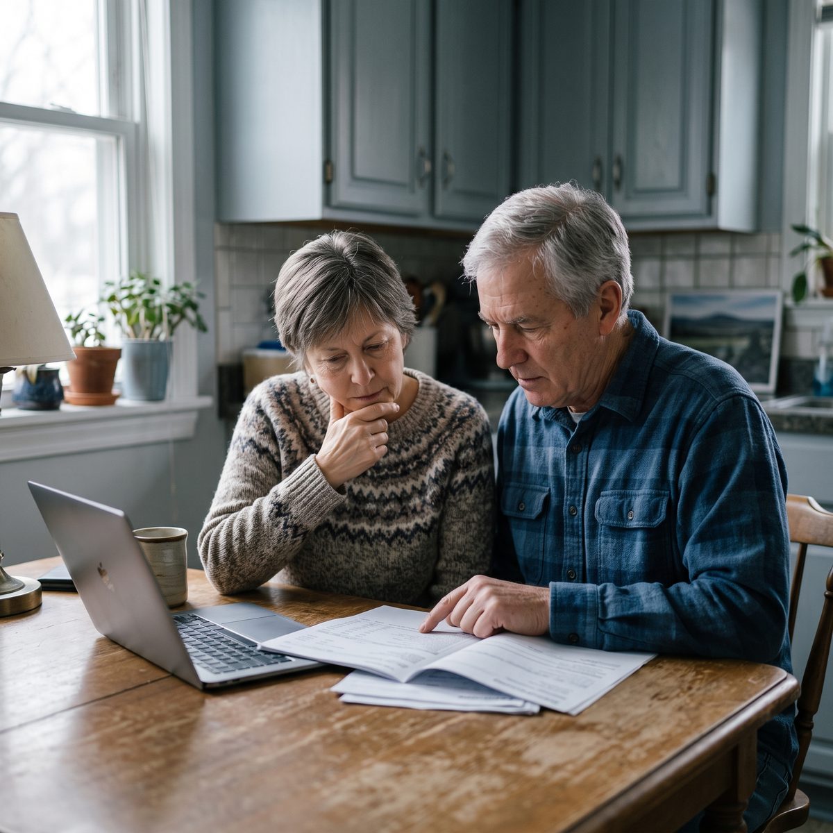 An older couple at their kitchen table reading through retirement paperwork beside a laptop