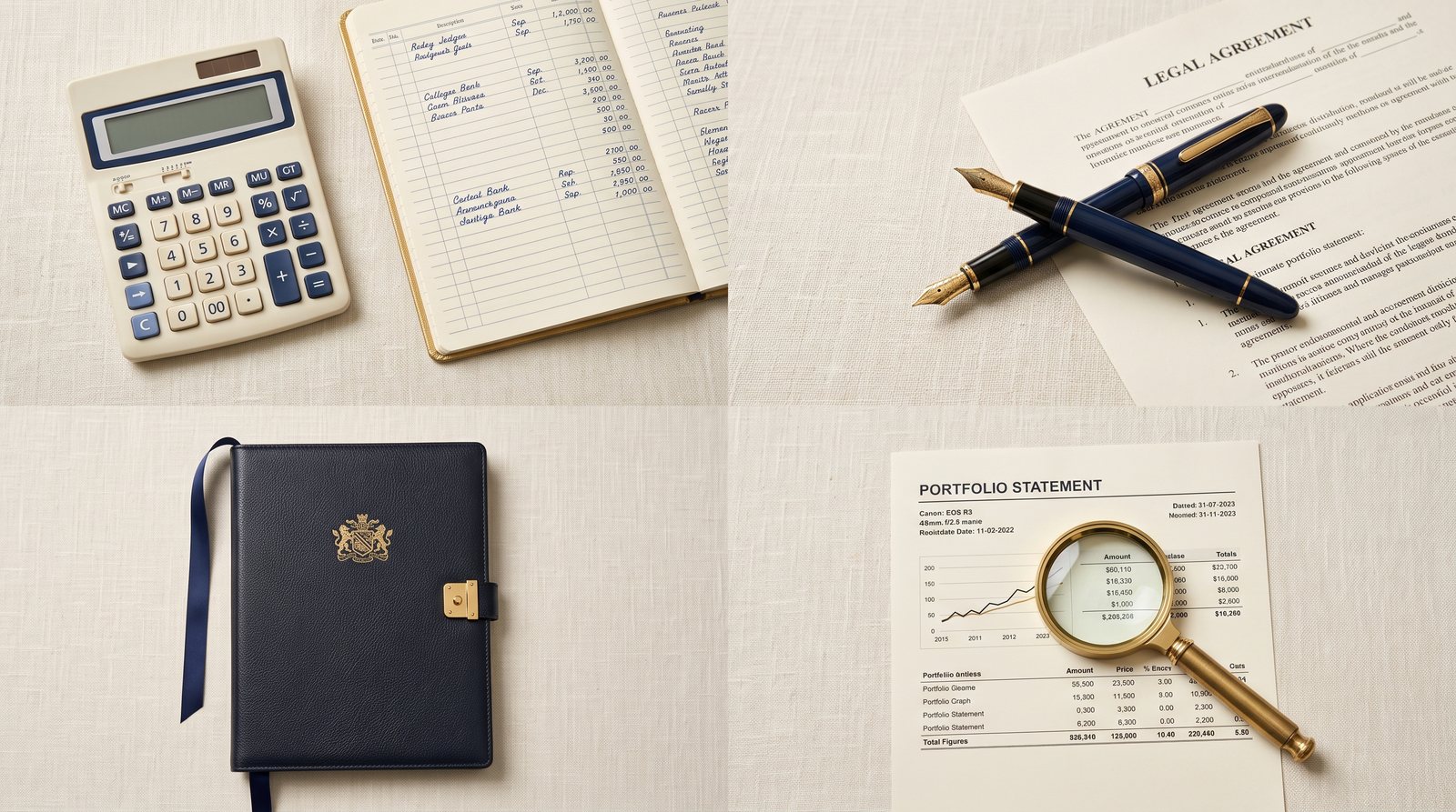 Four sets of professional tools representing advisory team roles