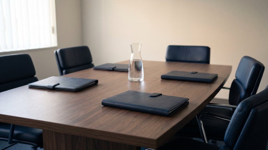 Empty conference table set for a family business advisory team meeting