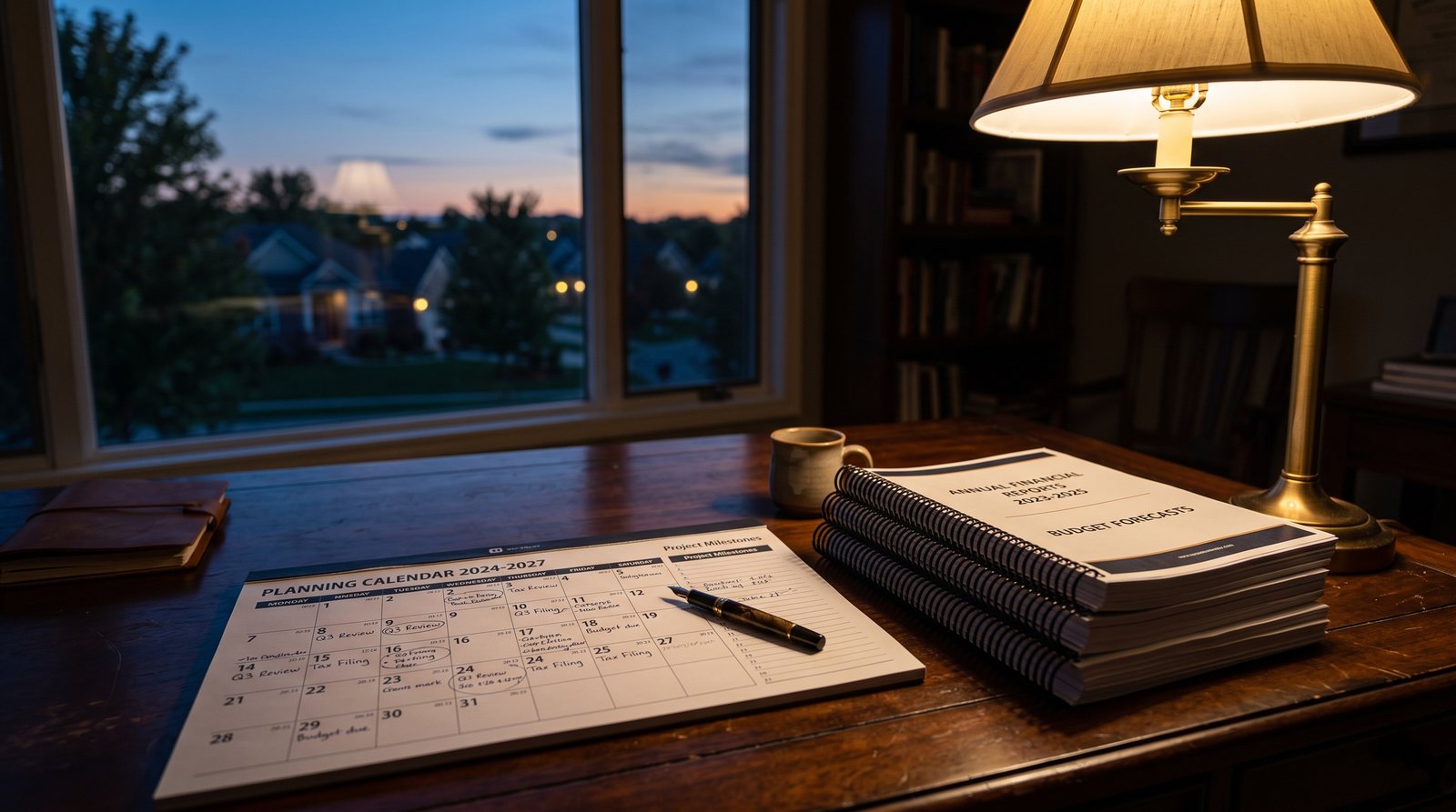 Family business advisory team planning documents on a desk at dusk