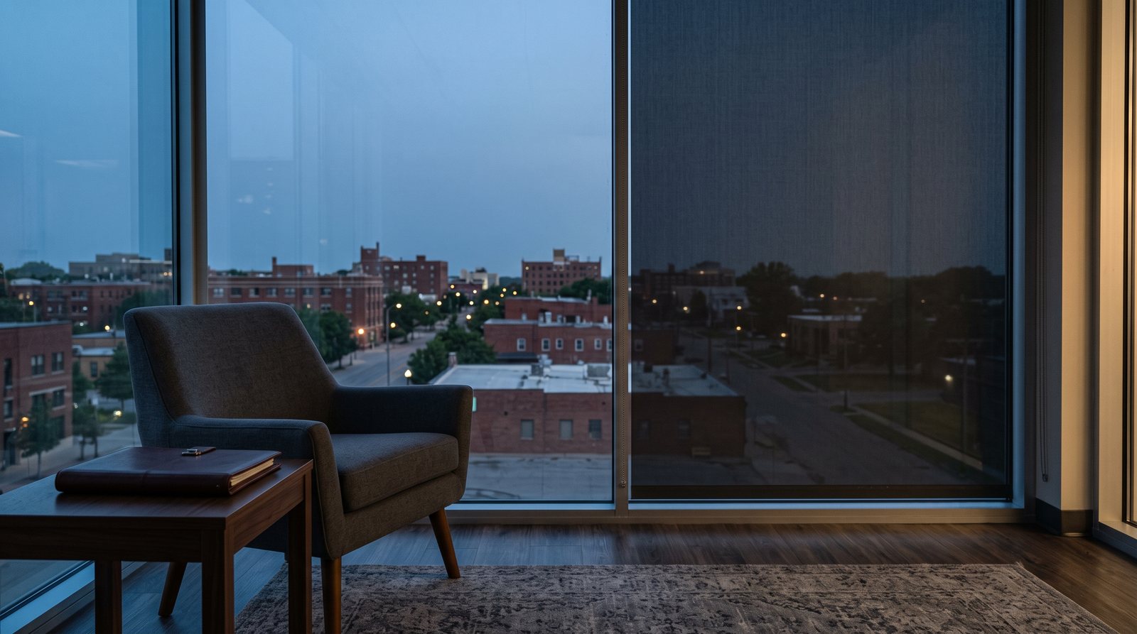 Minnesota office window at dawn behind a family business advisory planning desk
