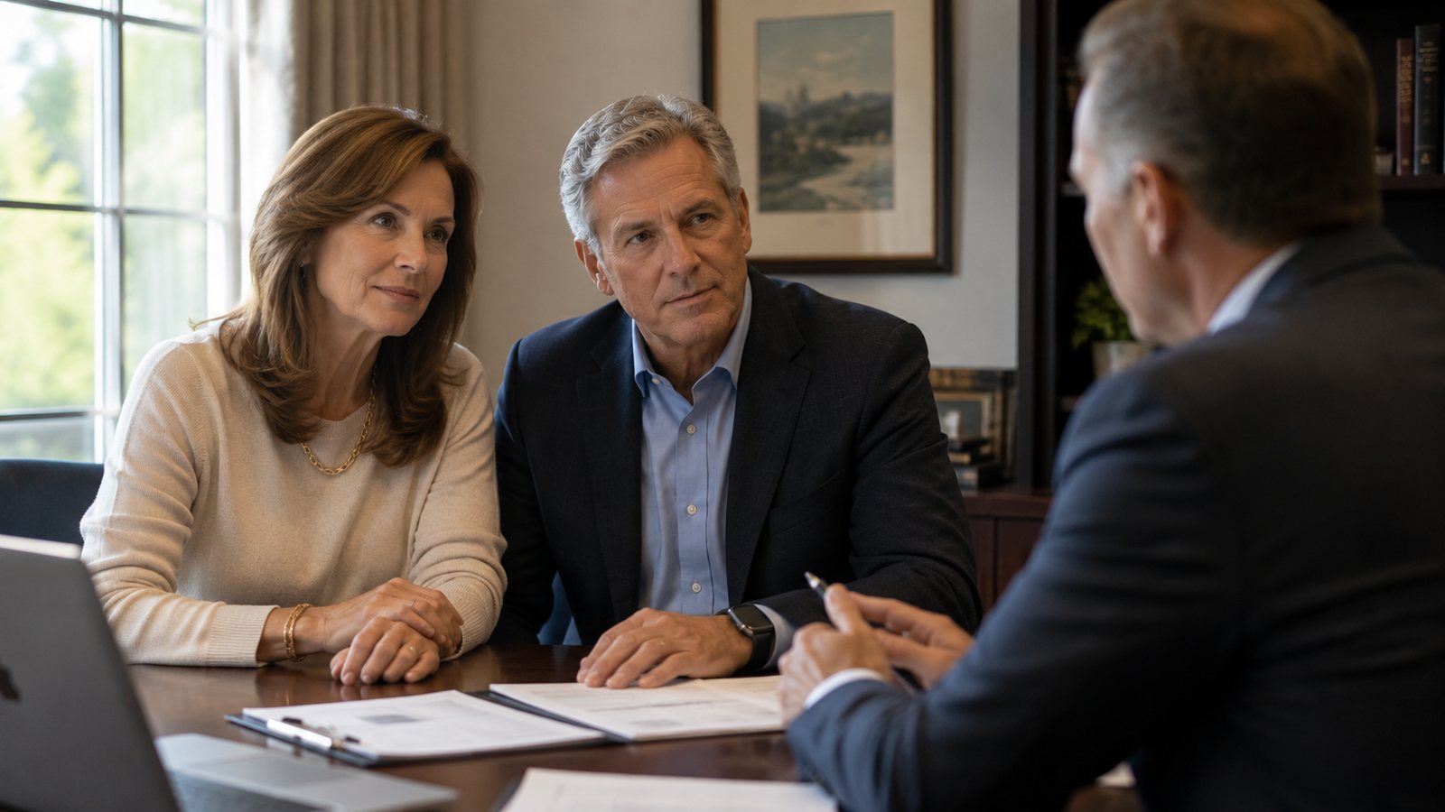 Couple in their 60s reviewing long-term care planning documents with a financial advisor