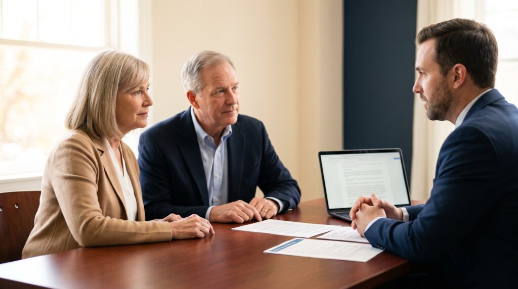 Couple in their 60s reviewing long-term care planning documents with a financial advisor