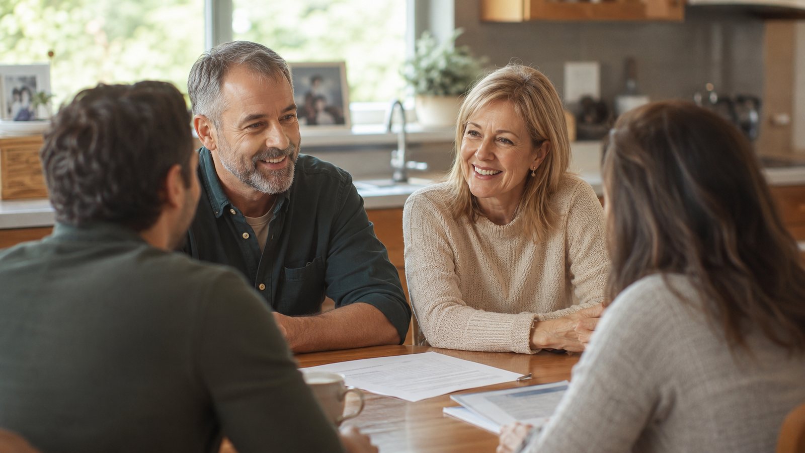 Family with adult children discussing life insurance and legacy planning documents at a kitchen table