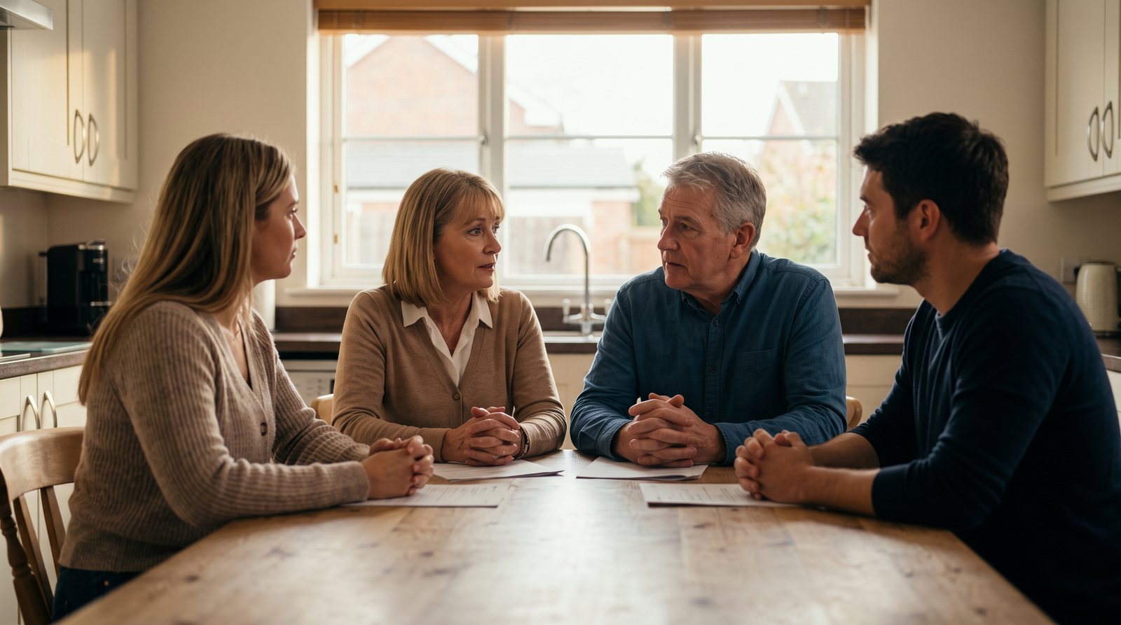 Family with adult children discussing life insurance and legacy planning documents at a kitchen table