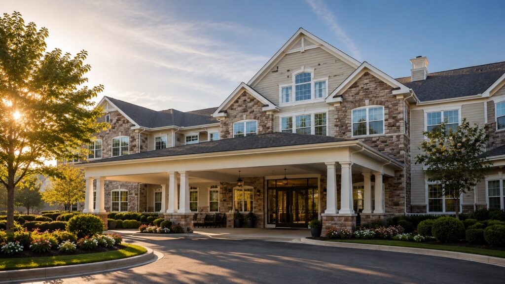 Assisted living community exterior with well-kept grounds, representing long-term care cost context