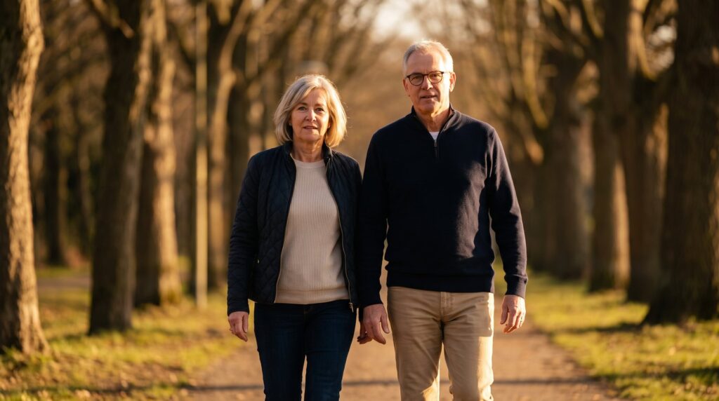 Confident couple walking together outdoors, representing financial security and retirement planning