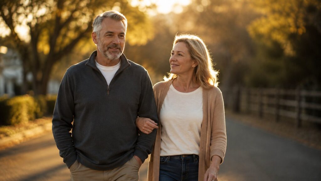 Confident couple walking together outdoors, representing financial security and retirement planning