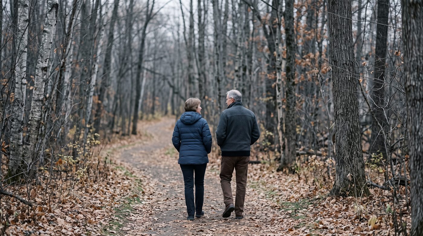 An older couple walking side by side on a leaf-covered forest trail in late autumn