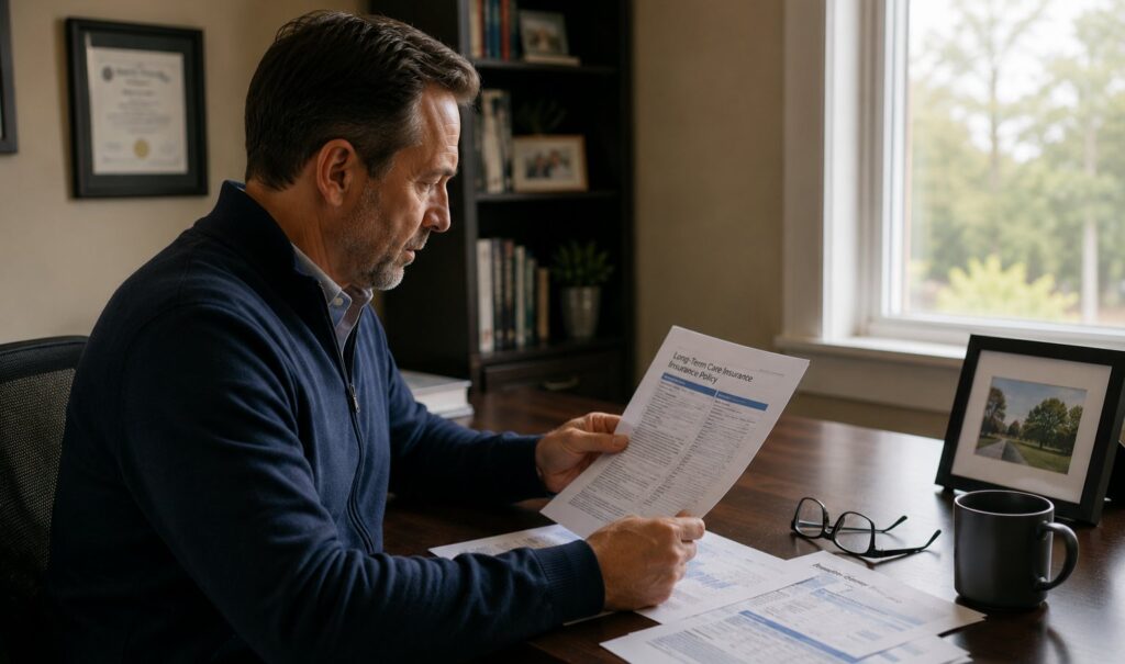Individual reviewing long-term care insurance policy documents at home office desk