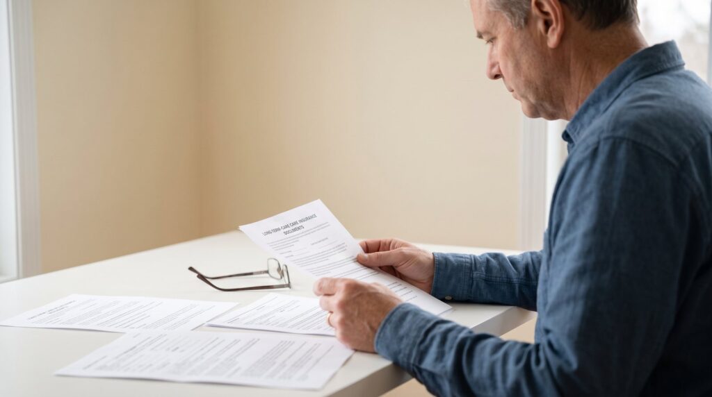 Individual reviewing long-term care insurance policy documents at home office desk