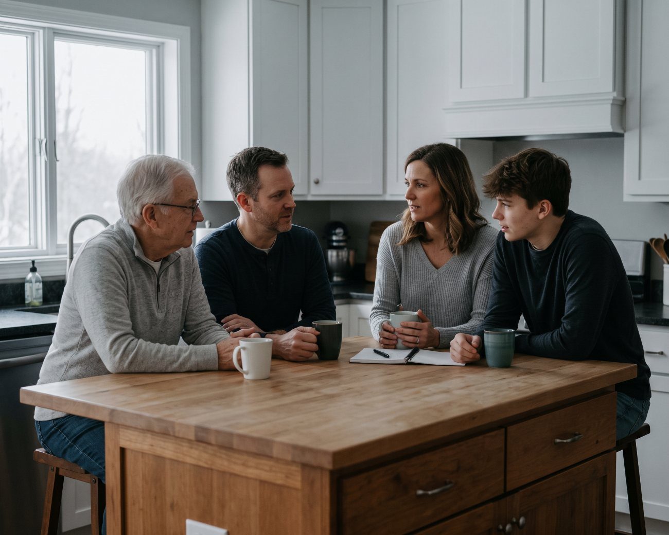Three generations of a family talking over coffee at a kitchen island